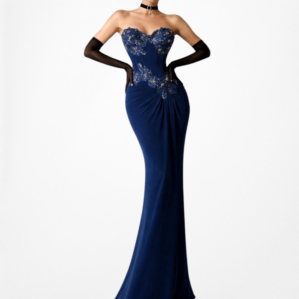 Vintage Navy Blue Strapless Lace Beaded Corset Bustier Maxi Prom Dress Size S/M